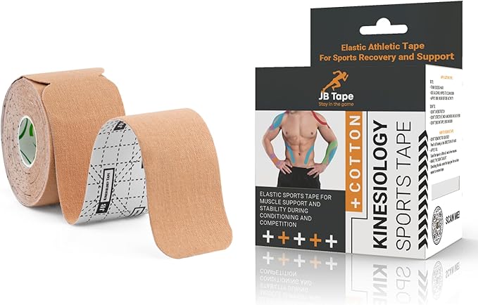 JB Tape, Precut Kinesiology Strips 4 Rolls- (80 Count, 10") Elastic, Latex-Free, Water Resistant, Athletic Sports Tape for Body, Joint & Muscle Support. (Beige)