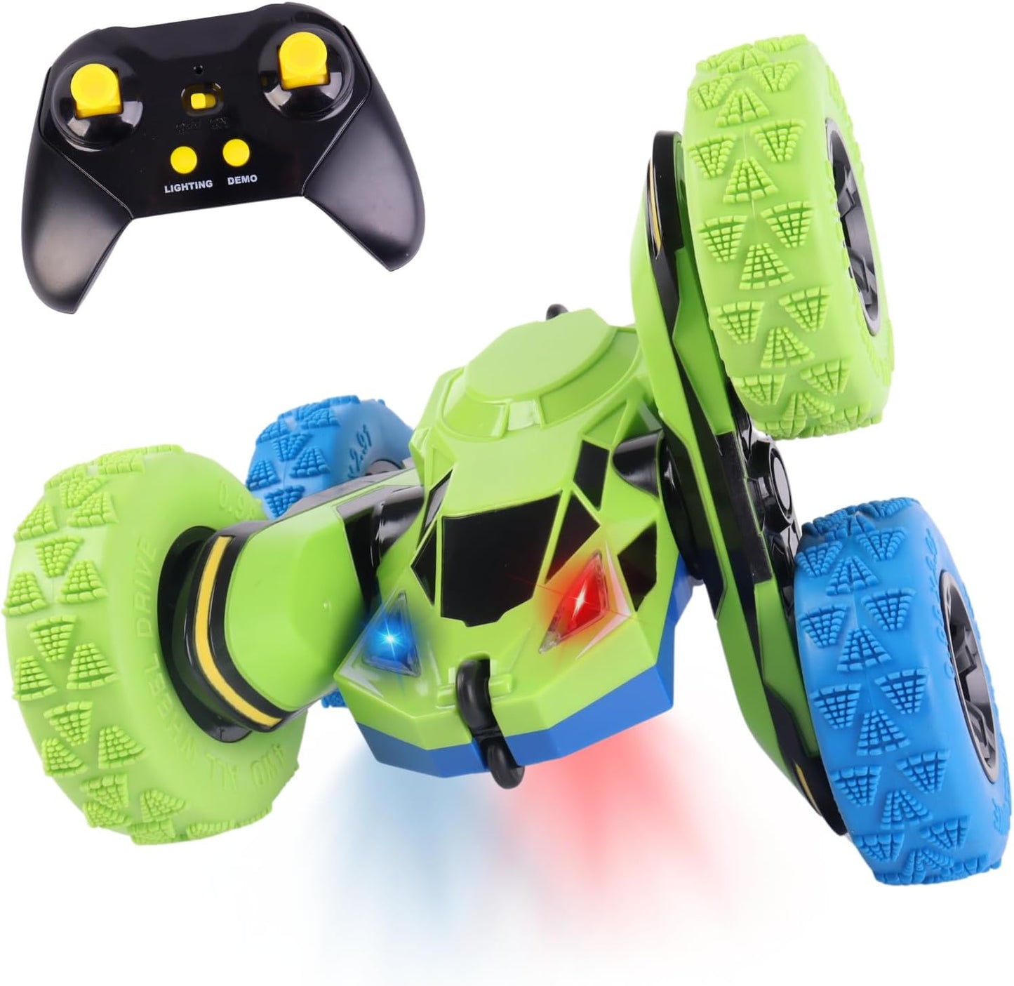 All-Round Drive Stunt RC Car - 360° Spins, High-Speed Off-Road with LED Headlights, 2 Rechargeable Batteries, AAA Remote Batteries, All-Terrain for Kids 6+ & Adults (Green & Blue)