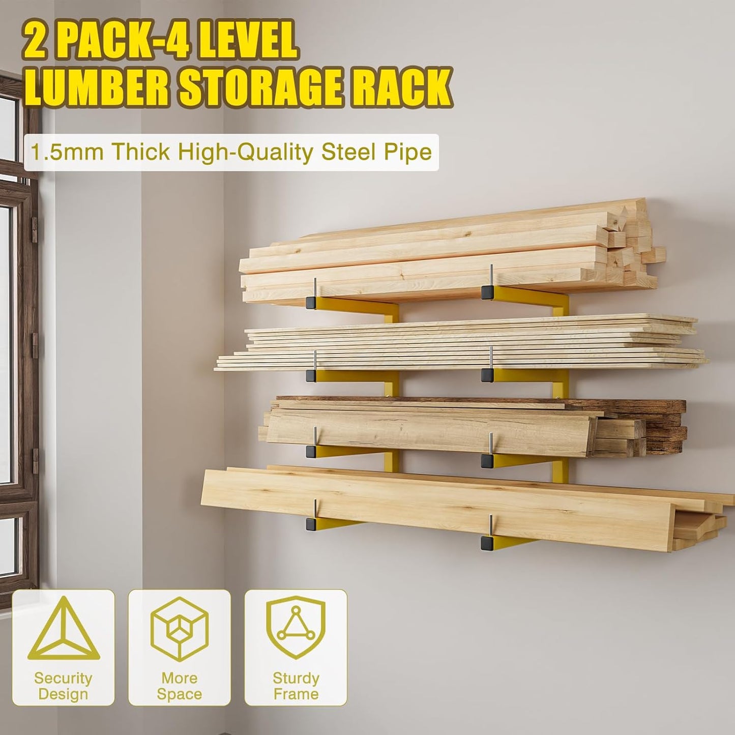 2-Pack Lumber Storage Rack, Wood Storage Racks Wall Mount, Heavy Duty Garage Wood Organizer with 4-Level System, Yellow Utility Rack Organization Up 800 Lbs, Metal Lumber Shelf for Indoor and Outdoor