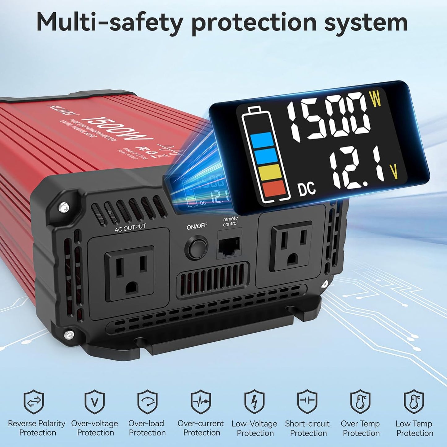 ALLWEI 1500W Pure Sine Wave Inverter 12V DC to 110V AC Converter, Surge 3000W | Power Inverters for Vehicles with 2 AC Outlets, RV Truck Boat Home Outdoor & Off-Grid Solar Inverter, Smart LCD Display