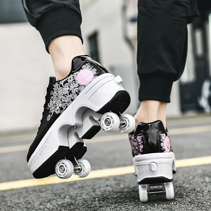 Roller Skate Shoes for Women Four Rounds Children's Roller Skates Shoes That Turn into Rollerskates Sneakers Outdoor Light Shoes with Wheels for Girls/Boys