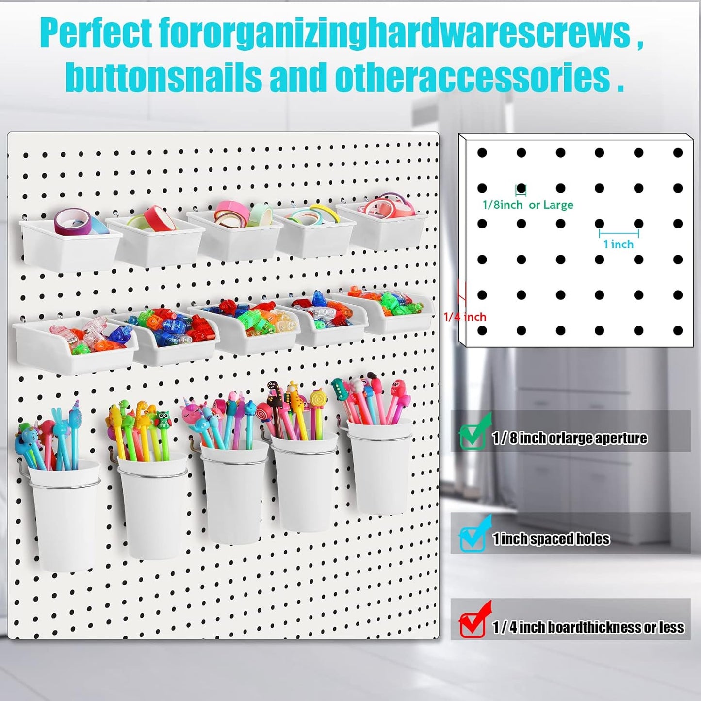 Yookeer 20 Pcs Pegboard Bins and Cups with Hooks and Loops Peg Assortment Organizer Accessories Various Tool Organizer Pegboard Baskets Set for Garage Workshop Workbench Office(White)