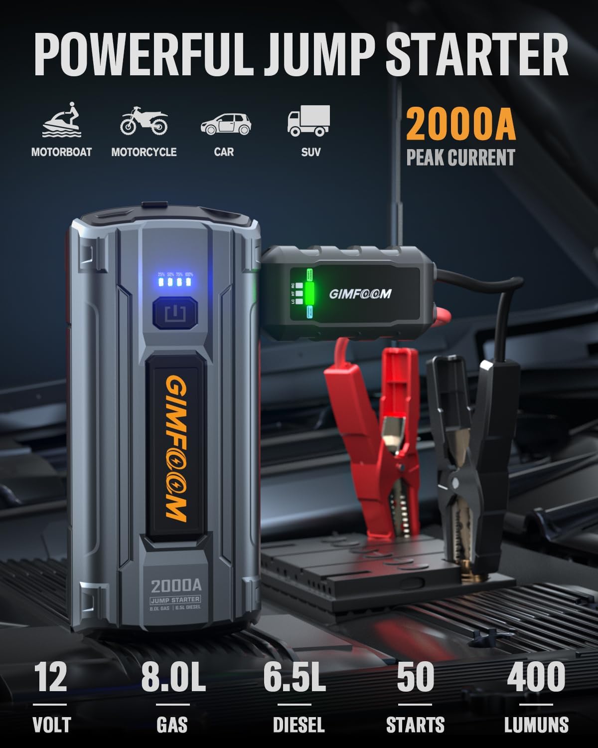 Jump Starter, 2000A Car Battery Jump Starter for Up to 9.0L Gas or 7.5L Diesel Engines, 12V Portable Car Jump Starter Battery Pack, Jump Box with 400 Lumens LED Light/Dual USB Output