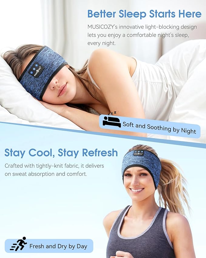 MUSICOZY Bluetooth 5.4 Headband Headphones for Sports and Sleep, Wireless Sleeping Eye Mask Earbuds Earphones for Side Sleepers Workout Running Cool Tech Gadget Unique Gift