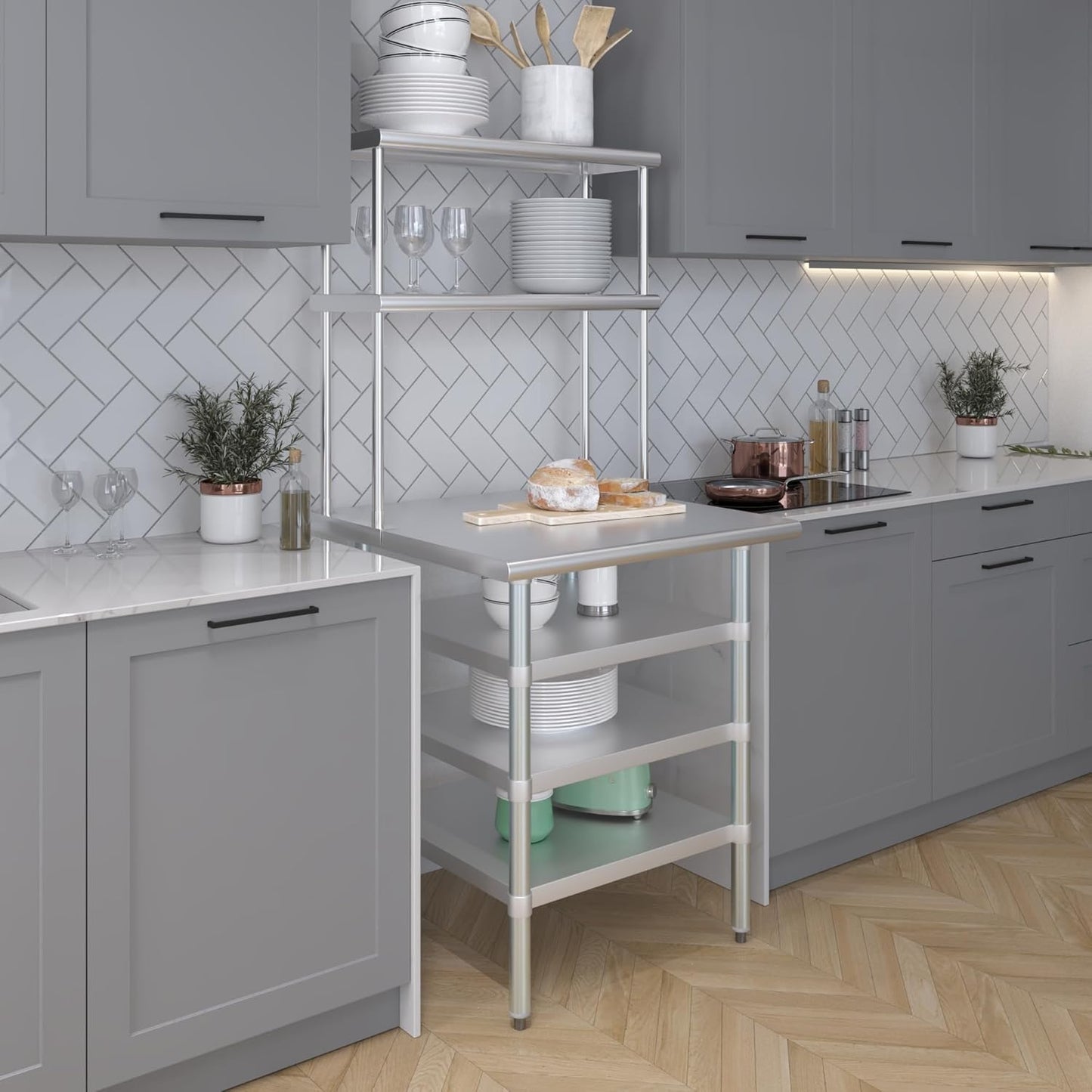 Amgood 30" x 30" Stainless Steel Work Table with 3 Shelves and 12" Wide Double Tier Overshelf | Metal Kitchen Prep Table & Shelving Combo | NSF