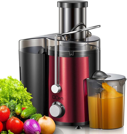 QCen Juicer Machine, 800W Centrifugal Juicer Extractor with Wide Mouth 3” Feed Chute for Fruit Vegetable, Easy to Clean, Stainless Steel, BPA-free (Metallic Red)
