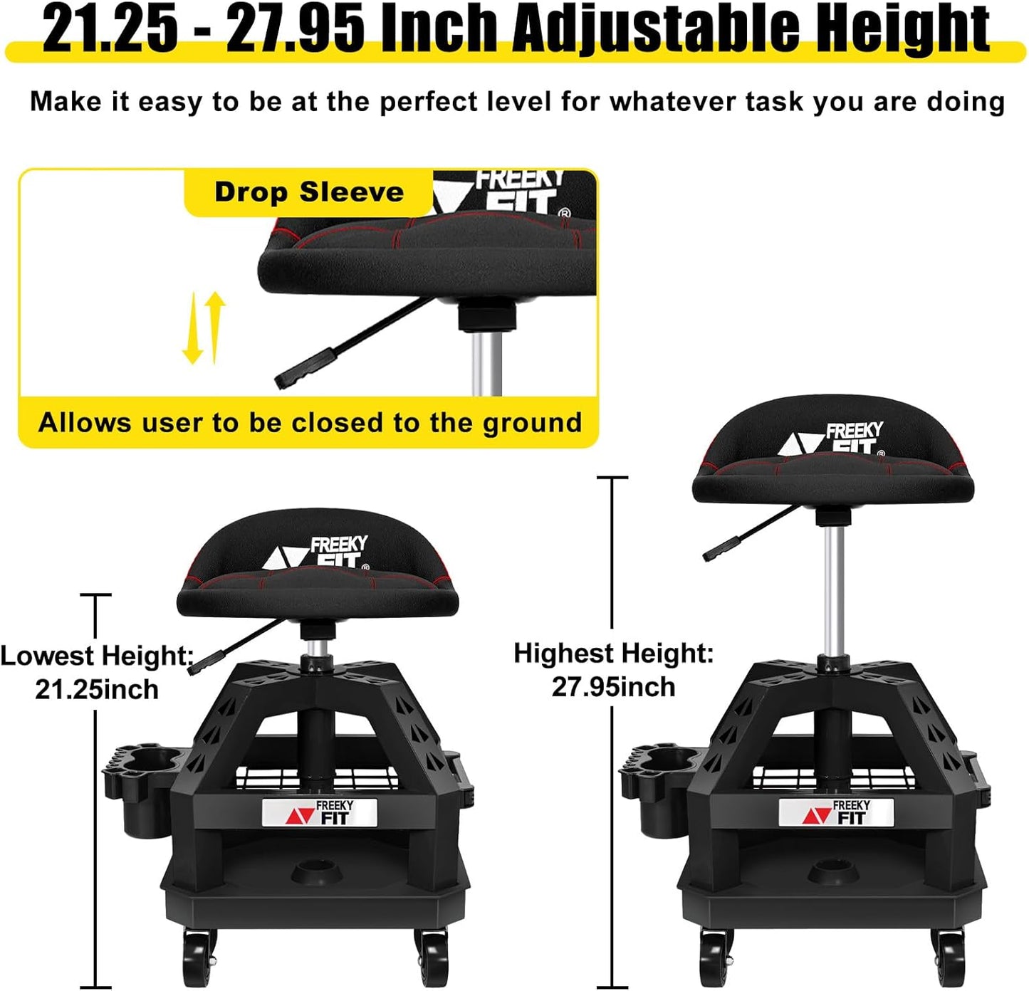 Rolling Shop Stool for Garage with Casters, DO02-Adjustable Height 360° Swivel Shop Seat with Tool Tray Storage, 330 LBS Capacity Padded Mechanic Stool, Magnetic Tool Hold, Heavy Duty, Black