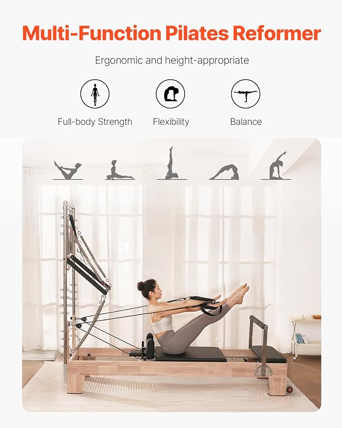 VEVOR Pilates Reformer Machine, Pilates Workout Equipment for Home Gym Studio Use, Pilates Bed with Dual Resistance- Spring & Cord, Reformer Set, Up to 400 LBS