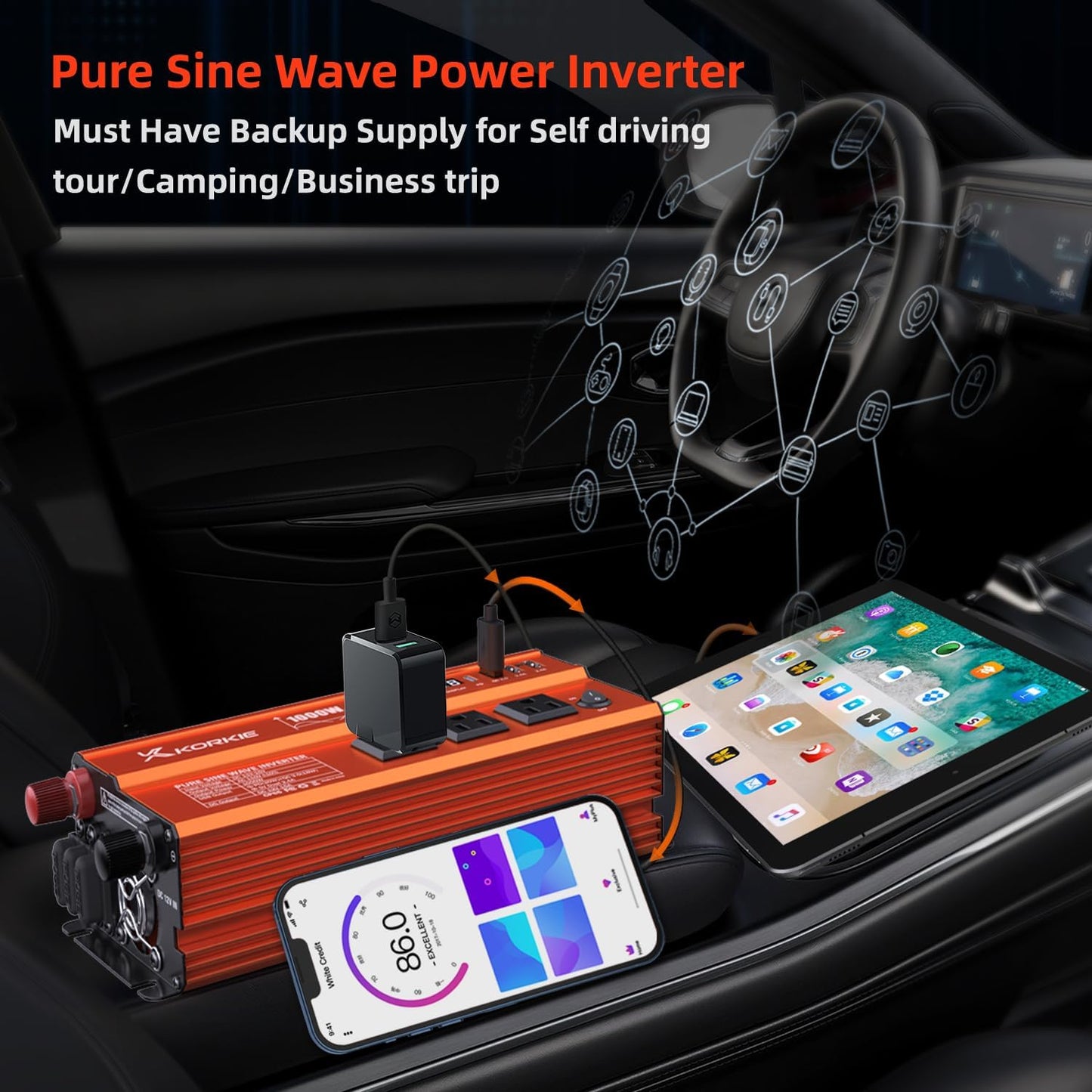 1000W Pure Sine Wave Inverter, Car Power Inverter, 12V DC to 110V AC Power Converter, Emergency Power Inverter with Type-C, Dual 5.2V/2.4A USB, 3AC Outlets for Home,Camping, RV, Truck, Vehicles