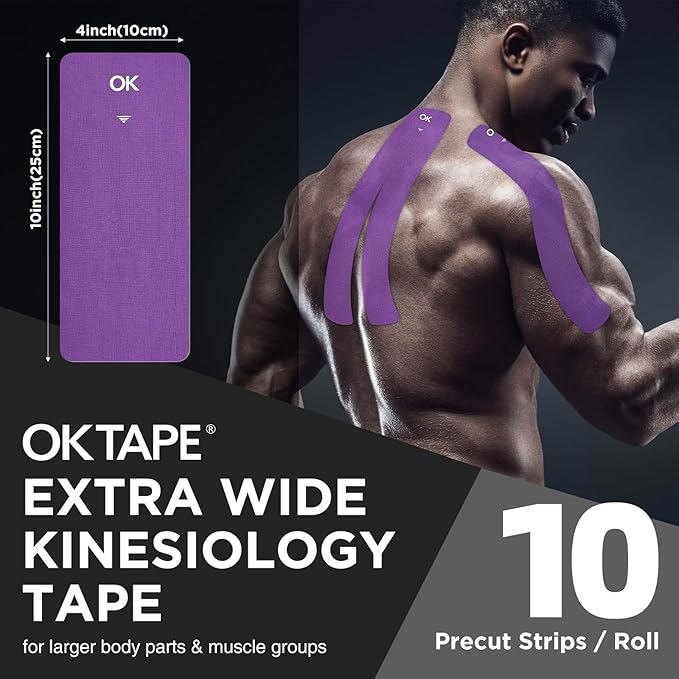 OK TAPE Extra Wide Kinesiology Tape, Precut K Tape Strips, Elastic Physical Therapy Athletic Tape for Pain Relief & Joint Support | Back, Shoulder, Knee (4" x 10" - 10Pcs) Purple
