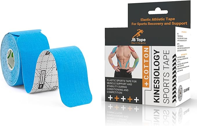 JB Tape Precut Kinesiology Strips 4 Rolls | 80 Count, 10" | Elastic, Latex-Free, Water Resistant | Athletic Sports Tape for Body, Joint & Muscle Support | Blue