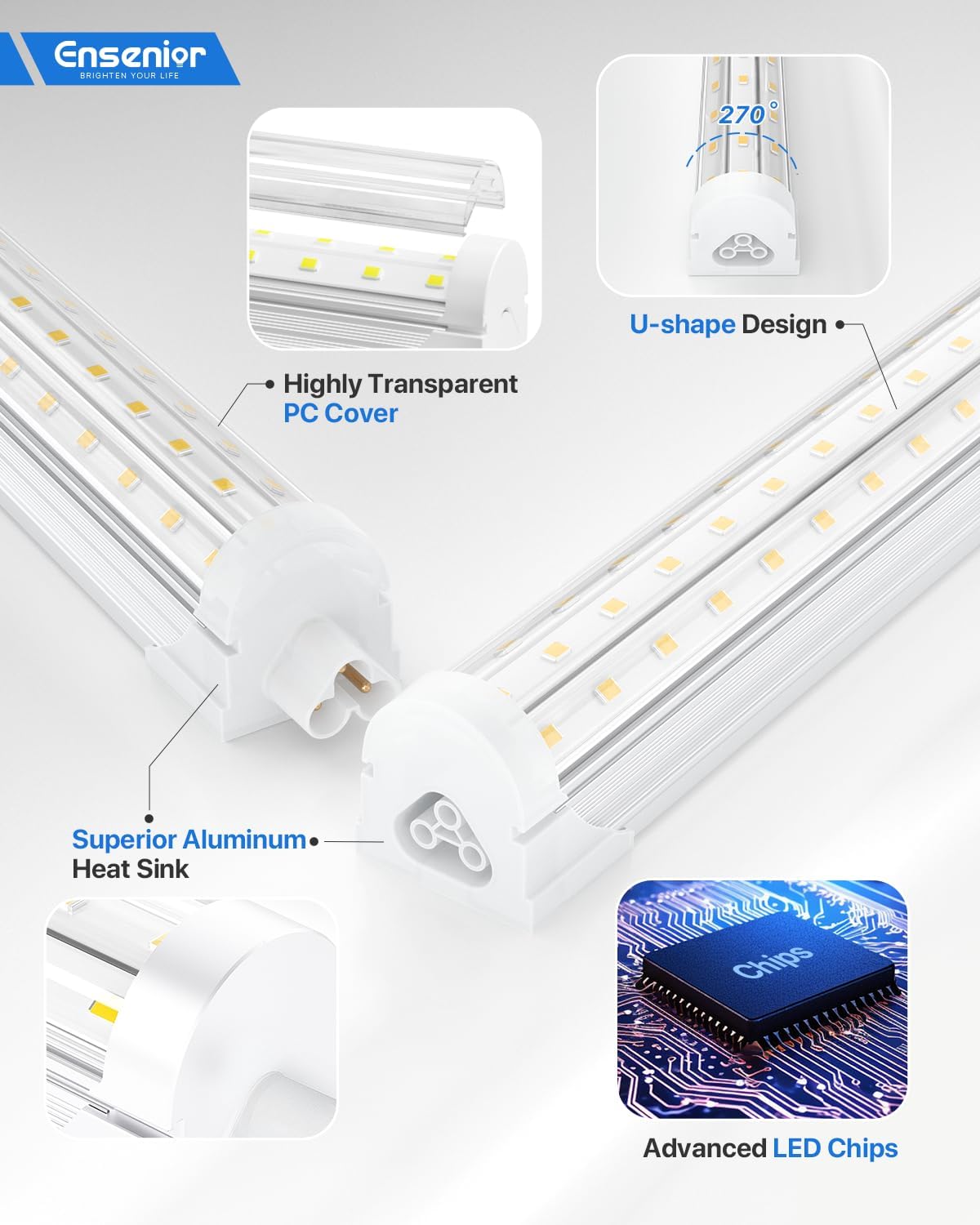 Ensenior 4 Pack 8 FT Led Shop Lights, 6000K Clear White, 10000LM Super Bright, 72W Equivalency 936W, Commercial Bay Lighting, U-Shaped Linkable Shop Lights Plug in for Garage, Workshop, FCC Certified