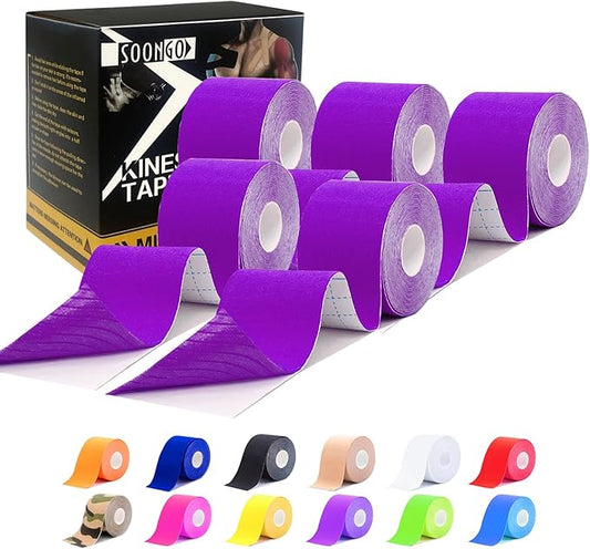 Kinesiology Tape Pro 5 Rolls, 2 Inch High Elasticity Sports Tape Therapeutic Pain Relief–Physio Tape for Muscle Recovery & Joint Support, Waterproof & Hypoallergenic & Breathable–Purple
