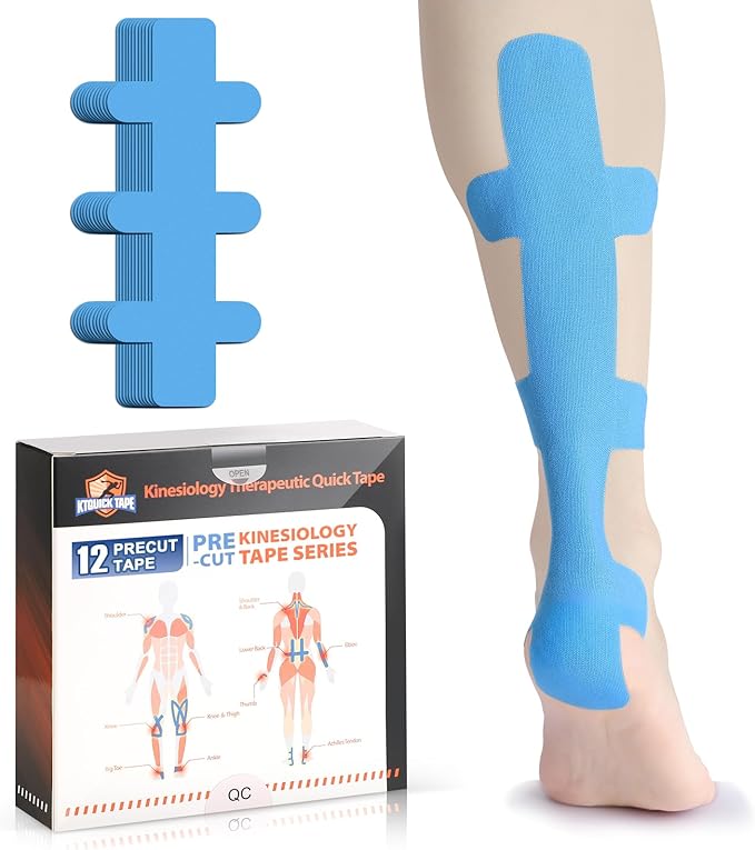 Kinesiology Tape for Achilles Tendon, KTQUICK 12 Count Achilles Tendon Tape Precut, Original Cotton Waterproof & Breathable, Enhance Elastic Kinesiology Athletic Tape for Achilles and Muscle Support