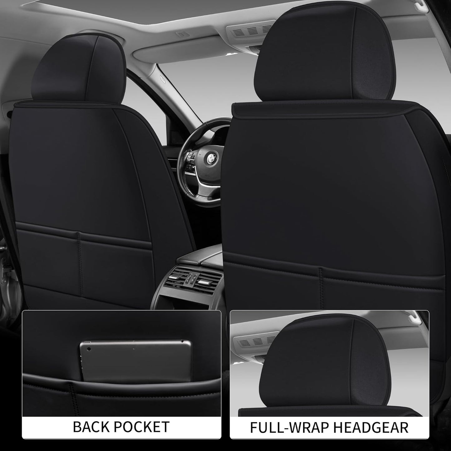 Car Seat Covers Front Only, Black Seat Cover for Cars Compatible Airbag, Easy Install Luxury Leather Automotive Seat Covers with Lumbar Support, for Car, Truck, SUV, Black