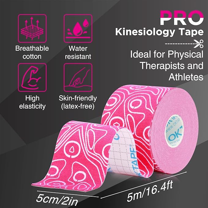 OK TAPE PRO Kinesiology Tape Uncut Roll, Elastic Physical Therapy Athletic Tape for Pain Relief, Muscle Support, Kinetic Tape, Water Resistant, 2in X 16.4ft -Pink 2 Rolls