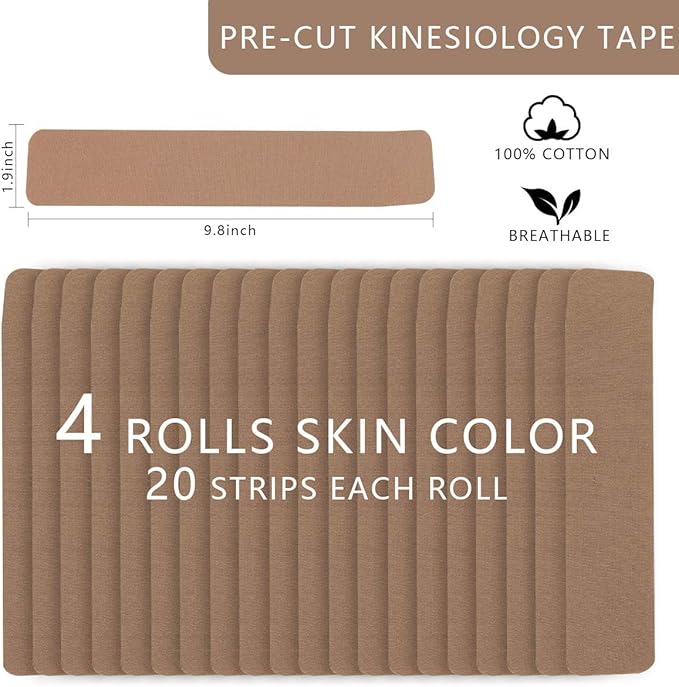 OBTANIM Waterproof Kinesiology Tape 4 Rolls Precut Strips Elastic Athletic Tape Muscle Pain Relief Sports Tape for Knee Fitness Running Tennis Swimming (Brown)