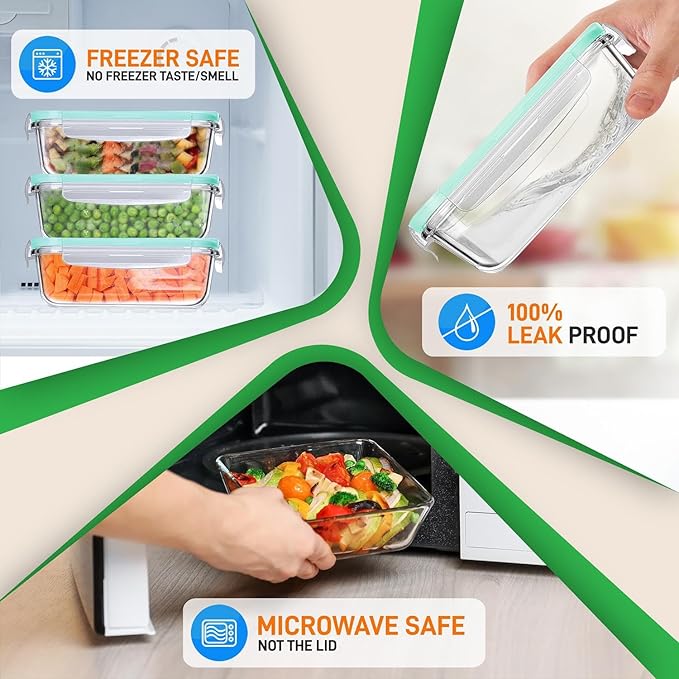 NutriChef 10-Piece Superior Glass Food Storage Containers Set (5 Containers + 5 Locking Lids),Stackable Meal-prep Design, BPA-free Airtight Clear Locking lids with Vent Lids & Air Hole, Green