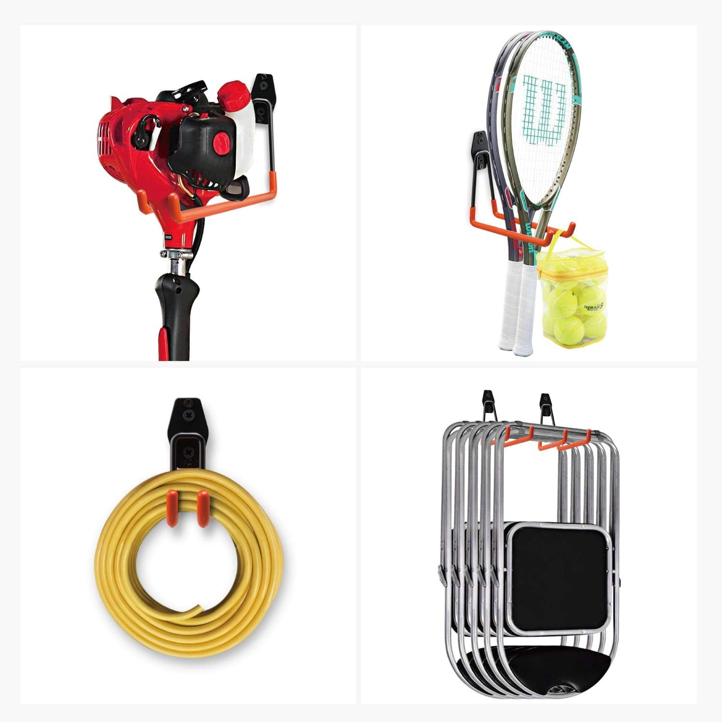 Garage Hooks, 12 Pack Wall Storage Hanger with 2 Extension Cord Straps, Heavy Duty Tool Holder for Utilities Organization, Wall Mount Rack for Garden Lawn Tools, Ladders, Bike, Ski (Orange)