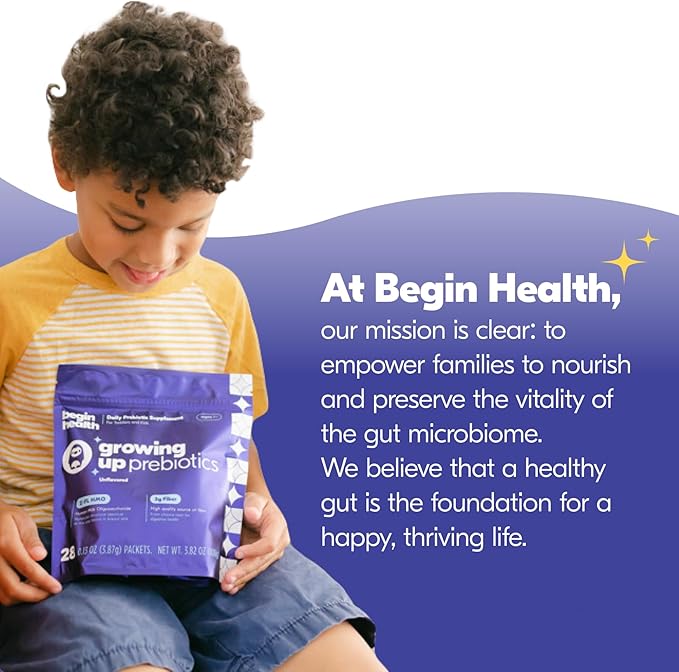 Begin Health Growing Up Prebiotics for Kids 28-Packs | Prebiotic Soluble Powder Stool Softeners and Digestive Gut Health Supplement | Ideal to Mix with Kids Daily Beverages and Soft Foods - Unflavored