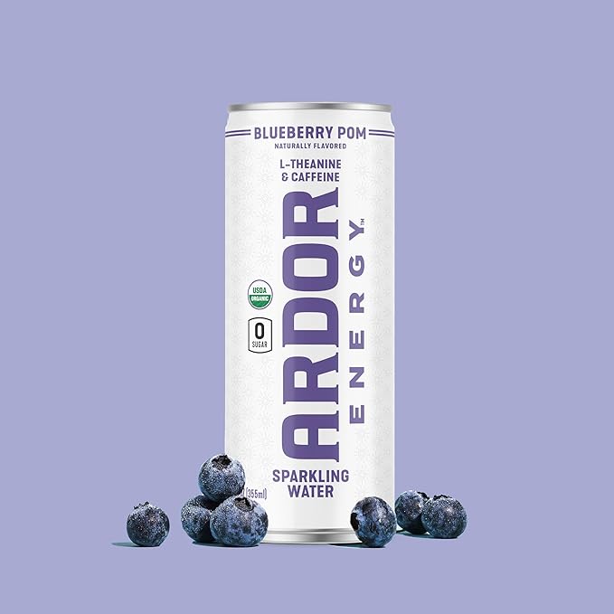 ARDOR ENERGY Sparkling Water with 100mg Natural Caffeine & 200mg L-Theanine from Organic Green Tea for Smooth Energy & Focus | Healthy Energy Drink | No Sugar, Zero Calories, Vegan, Gluten-Free | Blueberry Pom (Pack of 12, 12oz cans)