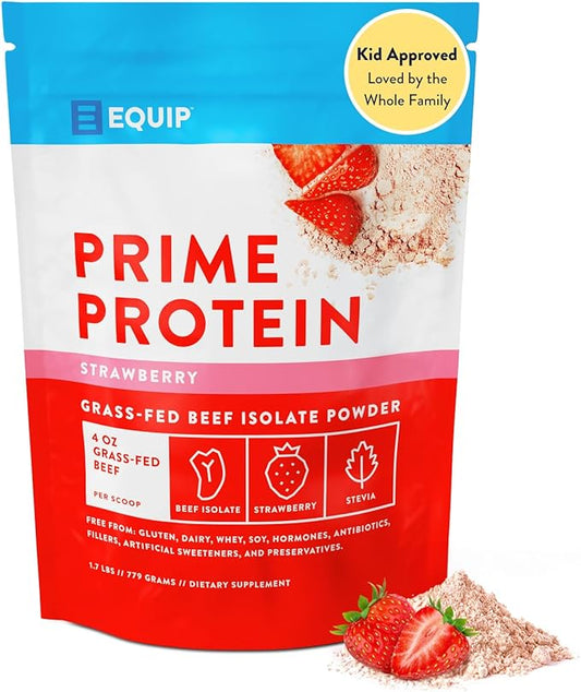 Equip Foods Prime Protein Powder | Clean, Grass Fed Beef Protein Isolate | Carnivore Protein Powder | Paleo, Keto Friendly | Gluten, Dairy Free | Helps Build & Repair Tissue | 30 Servings, Strawberry