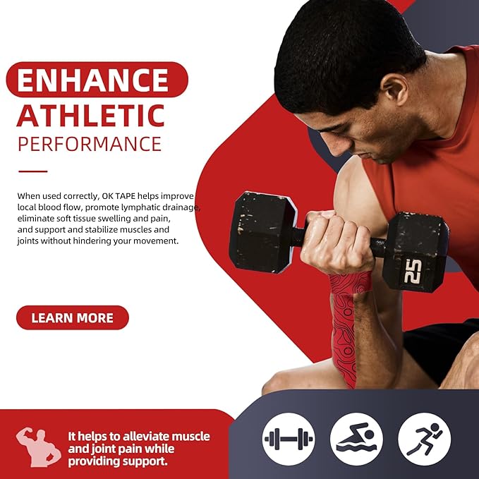 OK TAPE PRO Kinesiology Tape Uncut Roll, Elastic Physical Therapy Athletic Tape for Pain Relief, Muscle Support, Kinetic Tape, Water Resistant, 2in X 16.4ft -Red