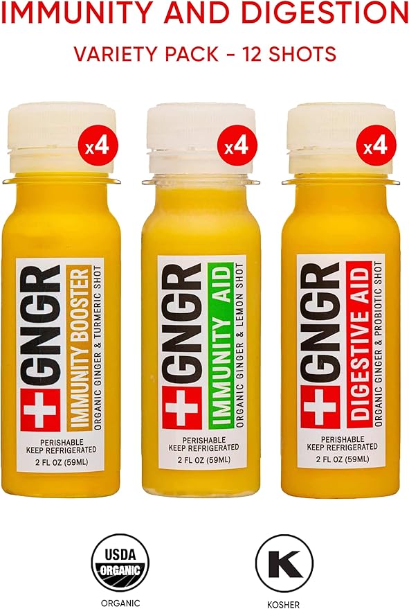 '+GNGR Immunity Sampler Organic Ginger Wellness Shots - Premium Ginger Shots for All Natural Digestive Support and Immune Support - Cold Pressed Ginger Juice - Nothing Artificial (2 Oz, Pack of 12)