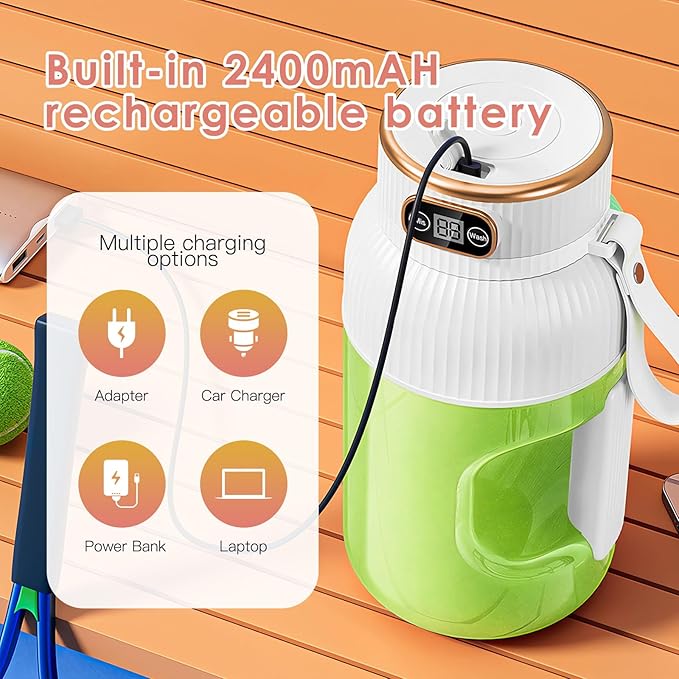 Portable Juicer Cup, Multifunctional Portable Juicer with Digital Display, 40 Oz BPA Free Smoothie Cup To Go, USB Rechargeable Electric Blender for Kitchen/Home/Travel - White