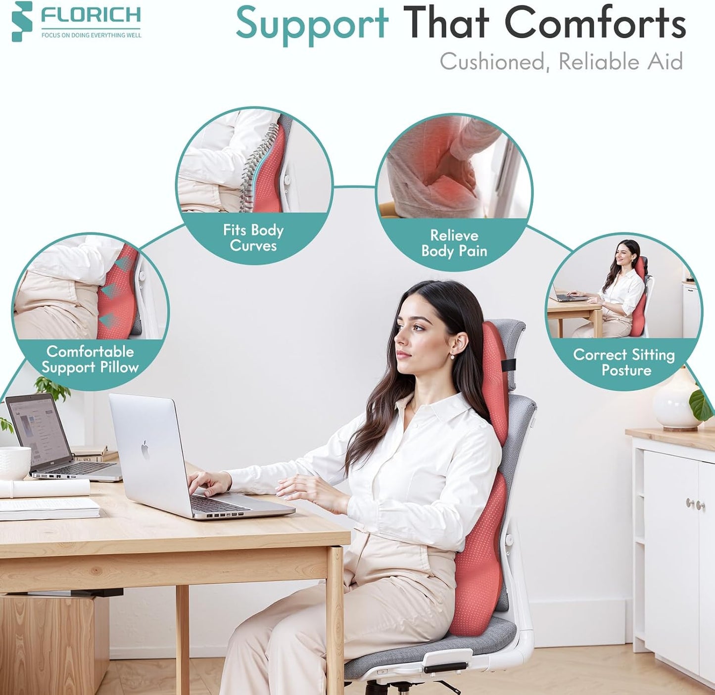 FLORICH Car Lumbar Support Pillow and Neck Headrest Pillow for Office Chair, Ergonomic Memory Foam, Relieves Neck, Back Pain, Pressure-Relieving Back Support for Car, Office Chair & Wheelchair – Red