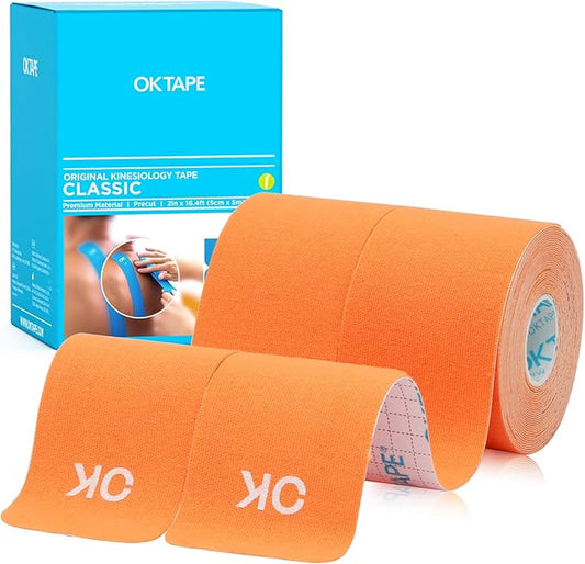 OK TAPE Kinesiology Tape 10 inches Precut, 20 Strips, Cotton Elastic Athletic Tape Latex Free, 2inch x 16ft, 2 Rolls Orange