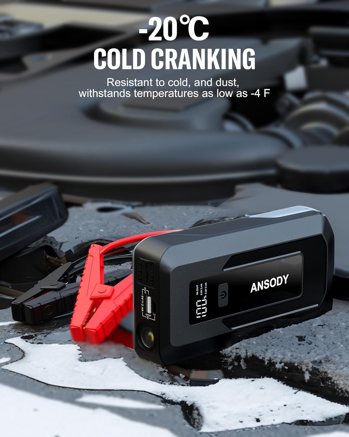 3000A Peak Car Jump Starter(Up to 10L Gas or 8L Diesel Engine), Battery Booster with Jump Leads, Built-in LED Floodlight & SOS, -20℃ Cold Cranking, Jump Box for 12V Pickup SUV Motorcycle