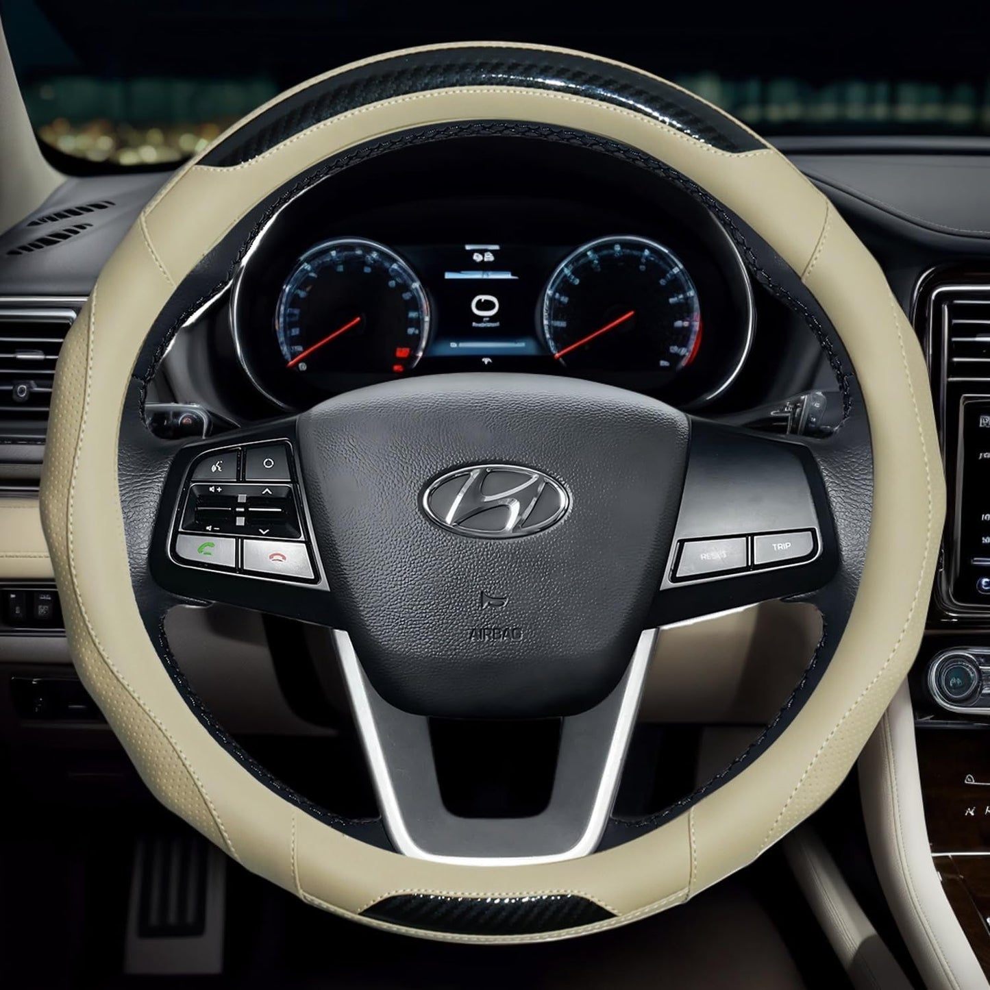 Car Steering Wheel Cover with Cup Coasters, Universal 15 inch Leather Carbon Fiber Steering Wheel Covers Comfort Grip Breathable Anti-Slip Steering Wheel Accessories for SUV Truck Van Auto - Beige