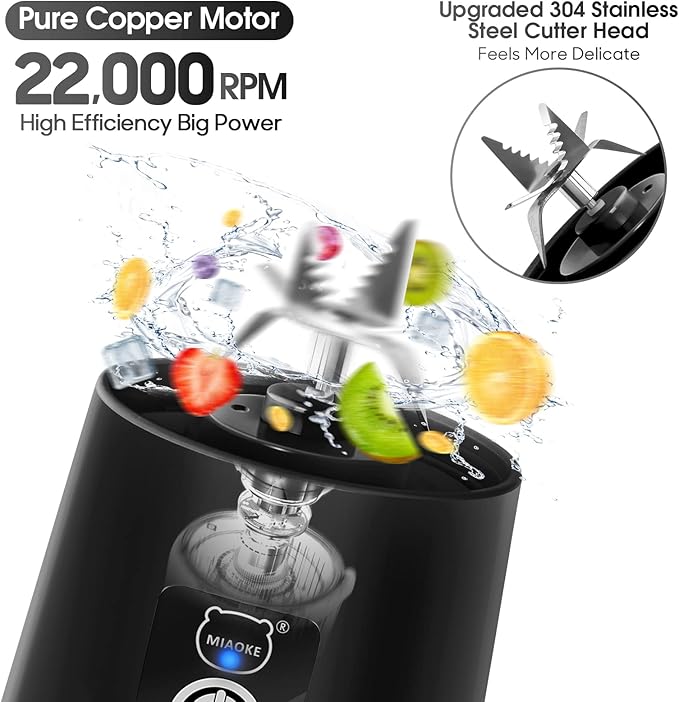 Portable Blender, MIAOKE Smoothie Blender, Personal Mini Juice Blender with Six Blades in 3D, USB Rchargeable Juicer Cup Home/Office/Outdoors (Black)
