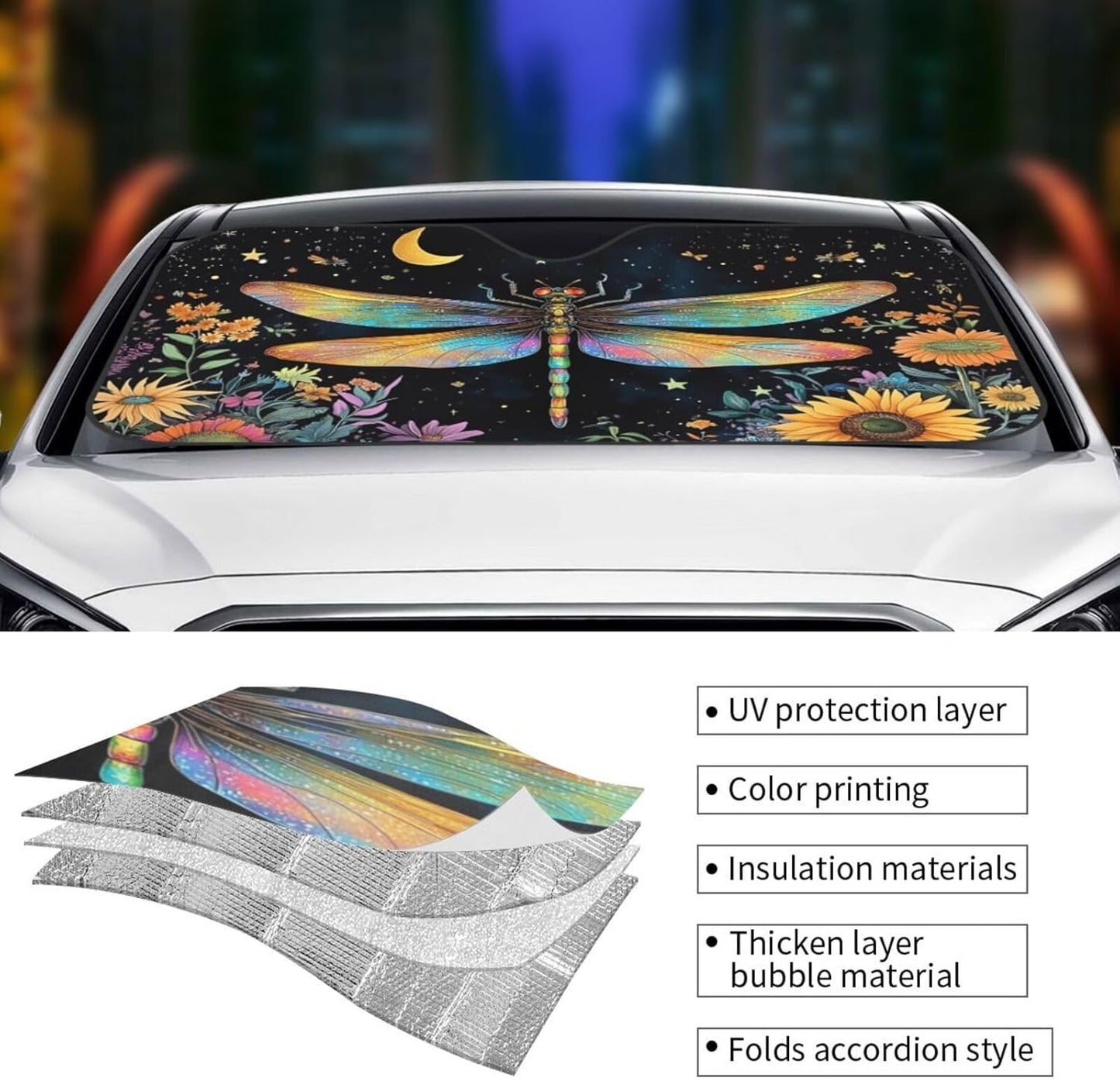 Floral Dragonfly Car Sun Shade Windshield Sunshade Foldable Front Window Shield Cover for Truck SUV
