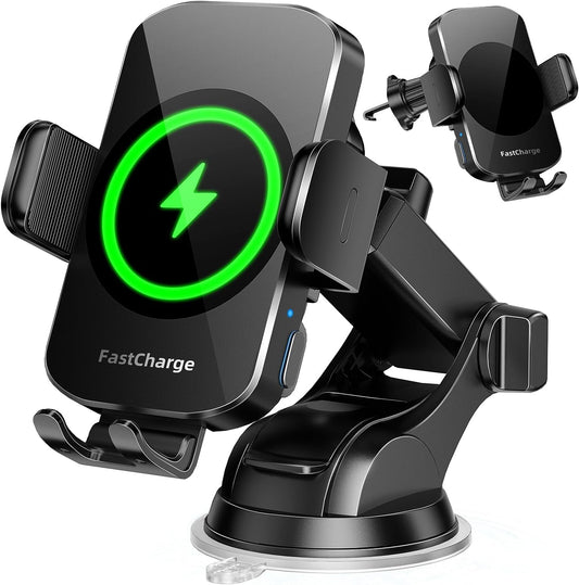 Wireless Car Charger, Fast Charging Phone Holder 3 in 1 Phone Mount Auto Clamping Car Accessories Compatible with iPhone 16 15 14 13 12 11 Xs XR, Samsung S23 Ultra S22 S21 S20/S10+ S9(Midnight Black)