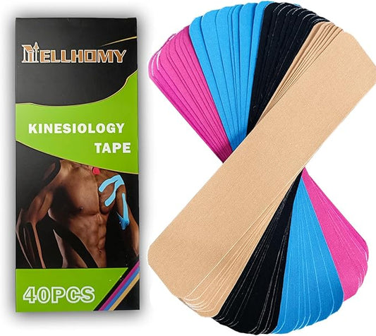 Kinesiology Tape Precut-40 Strips | Elastic Cotton Athletic Tape for Joints Support & Muscle Pain Relief-2inch x 10inch| Hypoallergenic & Waterproof K Tape for Ankle Knees Running Any Activity(Mix-4)