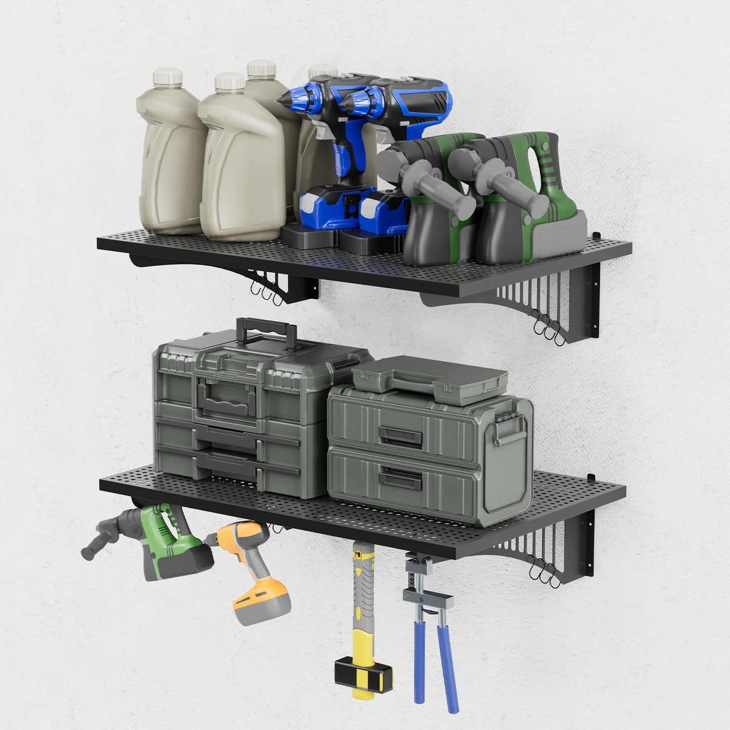 YOLENY 2-Pack 2x3FT Adjustable Heavy Duty Garage Wall Shelving, 500lbs Load Capacity Wall Mount Storage Shelf, Garage Storage Rack with Hooks, Metal Floating Shelves Organizer for Workshop