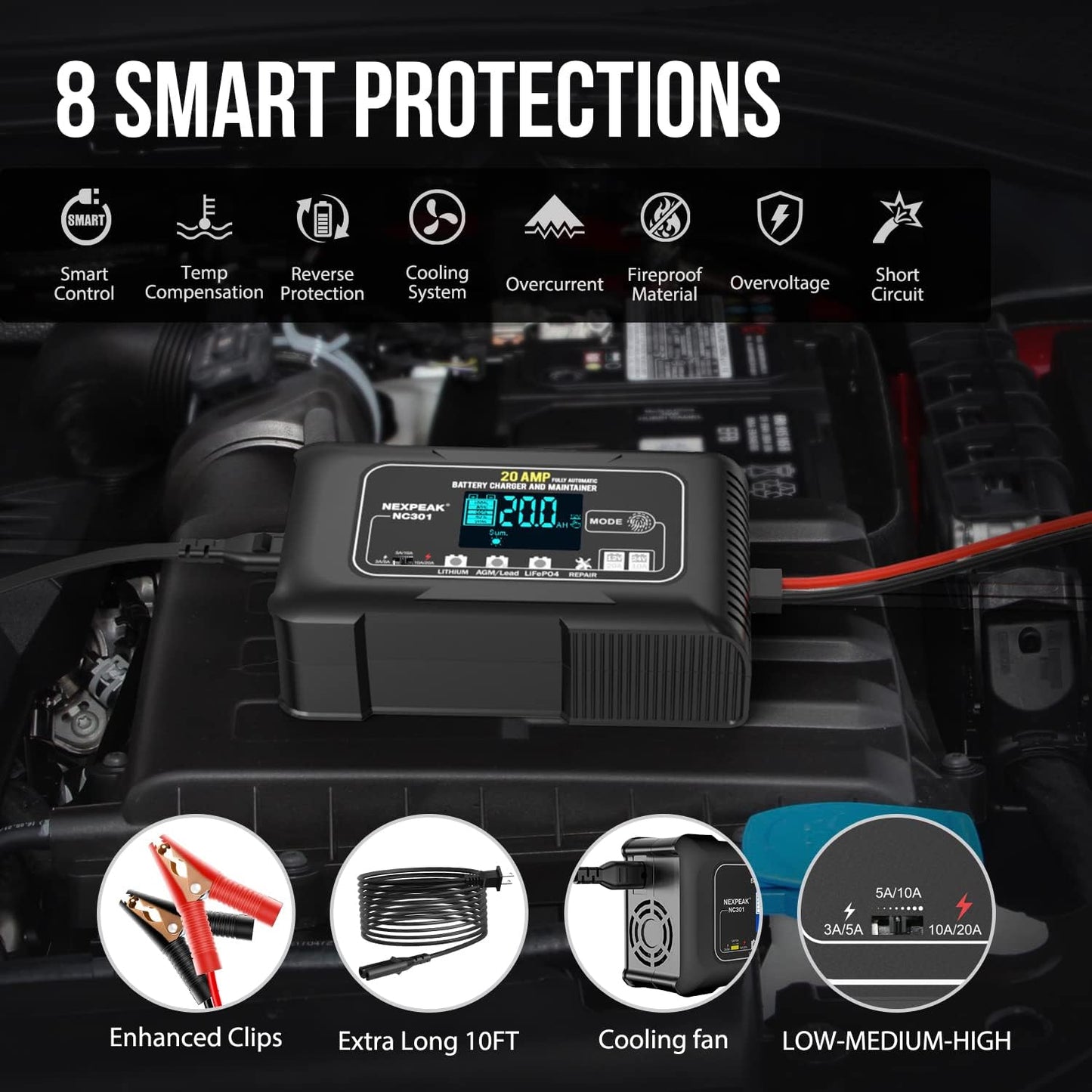 NEXPEAK NC301 20-Amp Car Battery Charger, 12V and 24V Smart Fully Automatic LiFePO4 Battery Charger Maintainer Trickle Charger w/Temp Compensation for Car Truck Boat Lead Acid Lithium Batteries