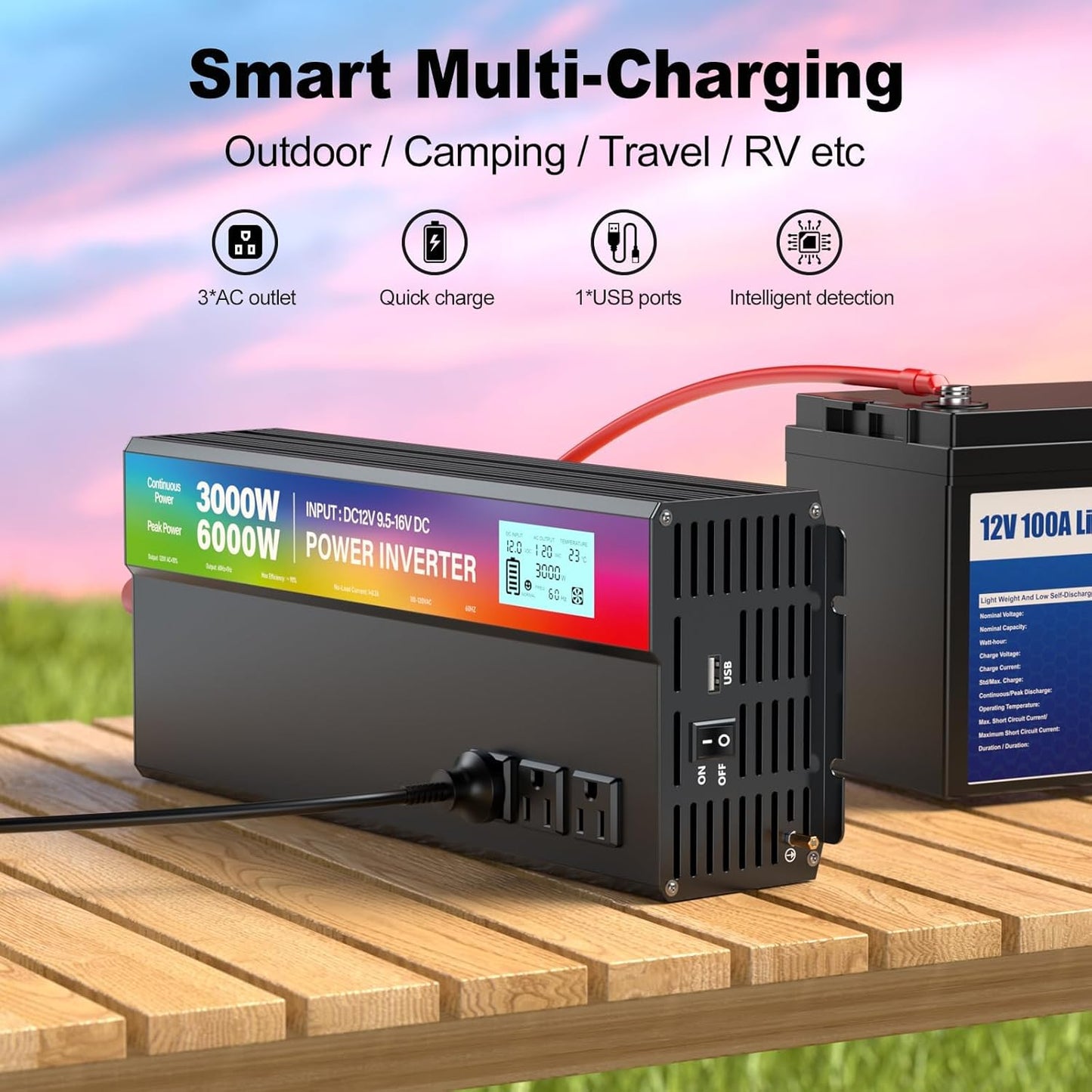 New Upgraded 3000 Watt Power Inverter,12V DC to 110V/120V AC Converter,6000W Peak Power with 3 AC Outlets,3.4A USB Port,LED Display Car Inverter for Vehicles,Truck,RV,Outdoor Activities,Solar System