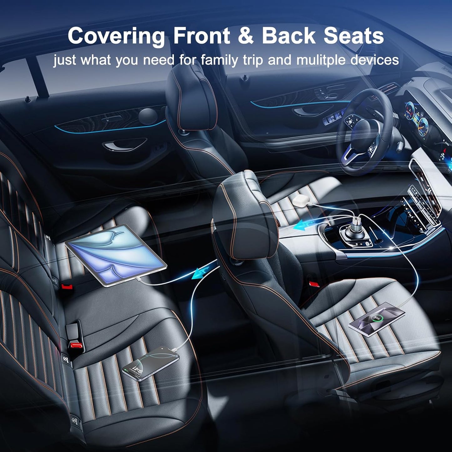 Car Phone Charger for iPhone 16 15, Besgoods USB C Car Charger Adapter 4 Ports with Voltmeter PD&QC Fast Charging Cigarette Lighter for Galaxy S25 S24 S23 A54 A15 Dash Cam, with 6ft USB C to C Cable