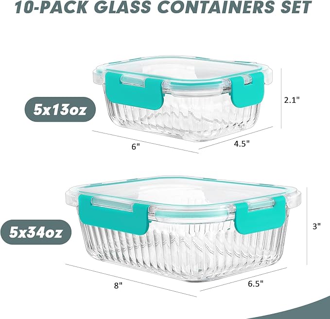 10 Packs Glass Meal Prep Containers with Lids, Glass Food Storage Containers Set, Airtight Lunch Containers, Microwave, Oven, Freezer and Dishwasher Safe, Green