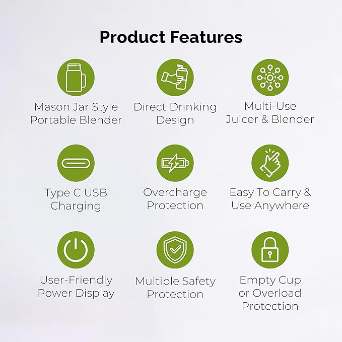 Personal Portable Blender For Shakes & Smoothies, Leakproof & Stylish Portable Mason Jar Shaker, Rechargeable Mini Blender with 10-Blade Blending System 14oz, Green