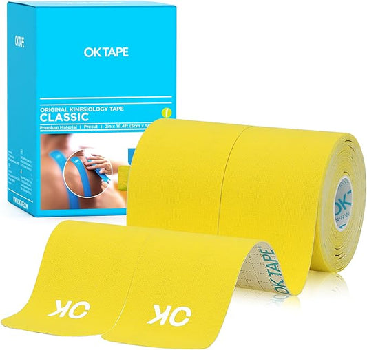 OK TAPE Kinesiology Tape 10 inches Precut, 20 Strips, Cotton Elastic Athletic Tape Latex Free, 2inch x 16ft, 2 Rolls Yellow