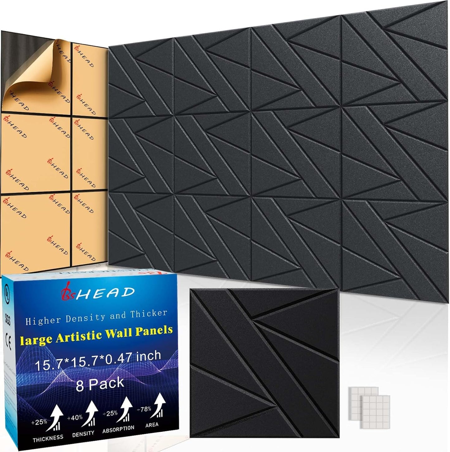 8 Pack Self-Adhesive Soundproof Wall Panels, 15.7 x 15.7 x 0.47 in Sound Proof Foam Panels for Walls, 1.2lb/ft³ High Density, Thicker 0.47in, Large Size Acoustic Panels, Sound Dampening Panels Black