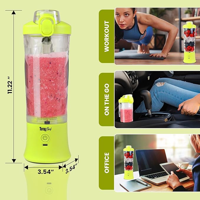 Total Chef Portable Blender - USB Rechargeable Personal Smoothie Mixer, Protein Shake Maker, Cordless Travel Mini Licuadora, Blend Frozen Fruit, Drink Milkshake On The Go, 20 OZ, Neon Green