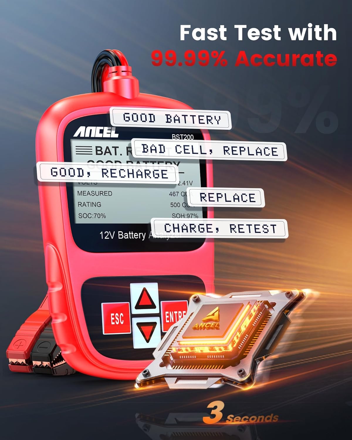 ANCEL BST200 Car Battery Tester 12V Automotive, 100-1100 CCA Battery Load Tester Tool, Auto Battery Analyzer Digital Tester for Car Truck Motorcycle SUV Boat and More