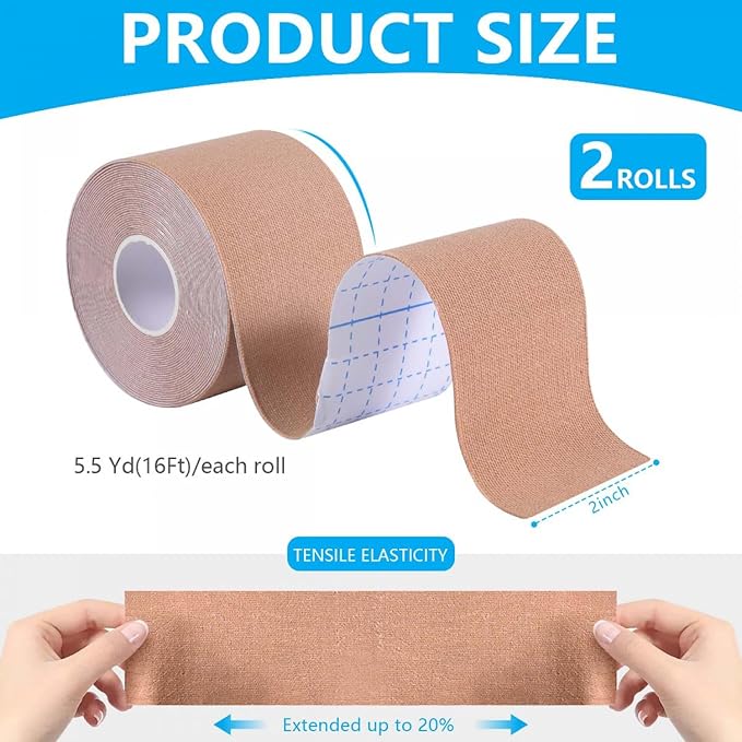 2 Pack Kinesiology Tape, Athletic Tape Supports Protects Muscles, Knees, Shoulders & Plantar Fasciitis, Waterproof & Hypoallergenic Kinesiology Tape (Skin Color)