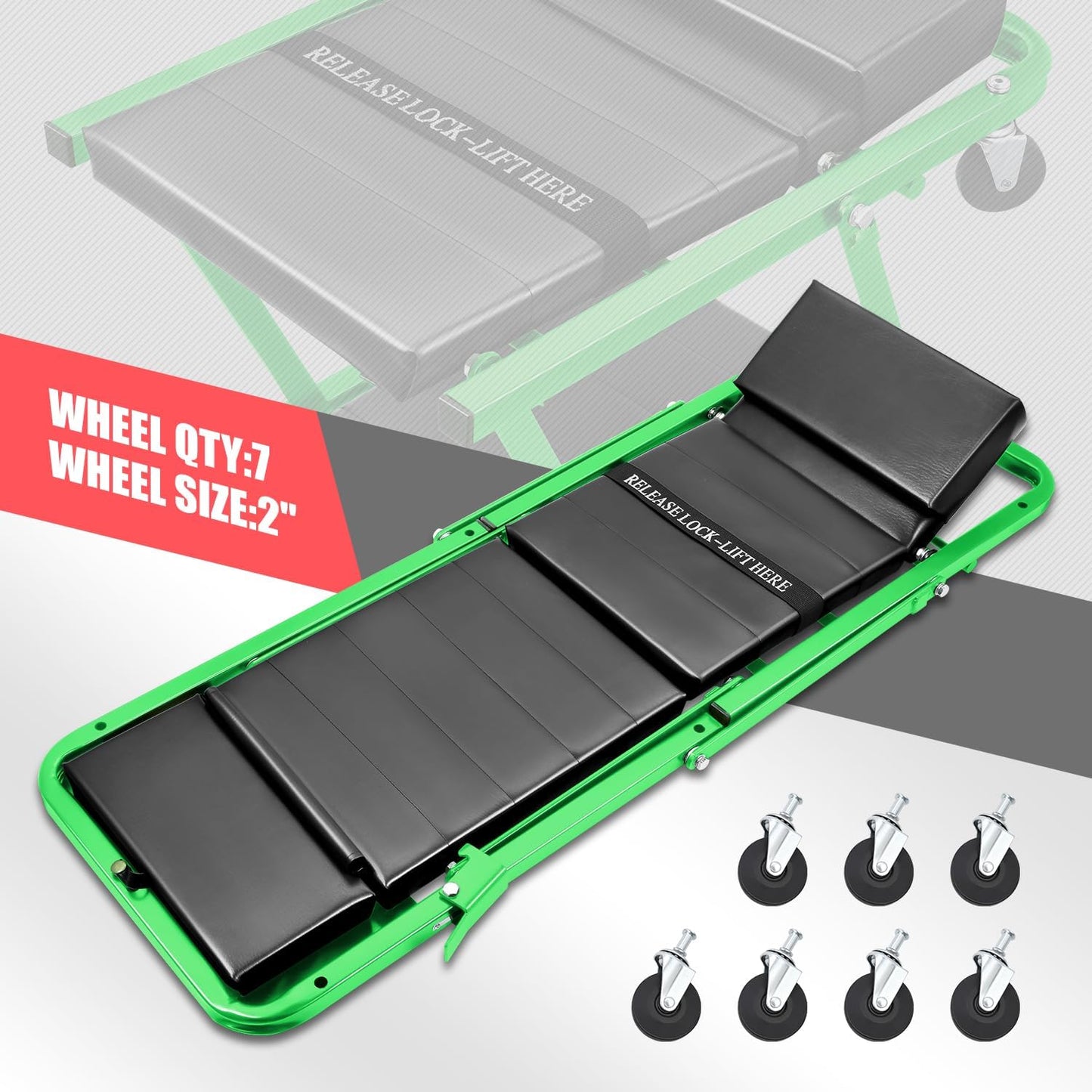 DNA MOTORING 48" 2 IN 1 Folding Rolling Garage Shop Creeper Roller Seat, 7 Pcs 2" Casters, 350 Lbs Weight Capacity, Green, TOOLS-00193-GR