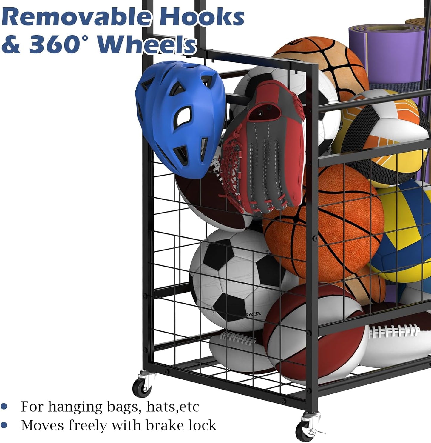 smusei Sports Equipment Organizer Garage Basketball Ball Holder for Sports Gear and Toys Garage Ball Storage Rack Cart with Wheels and Hooks for Volleyball Football Basketball, Indoor/Outdoor, Black